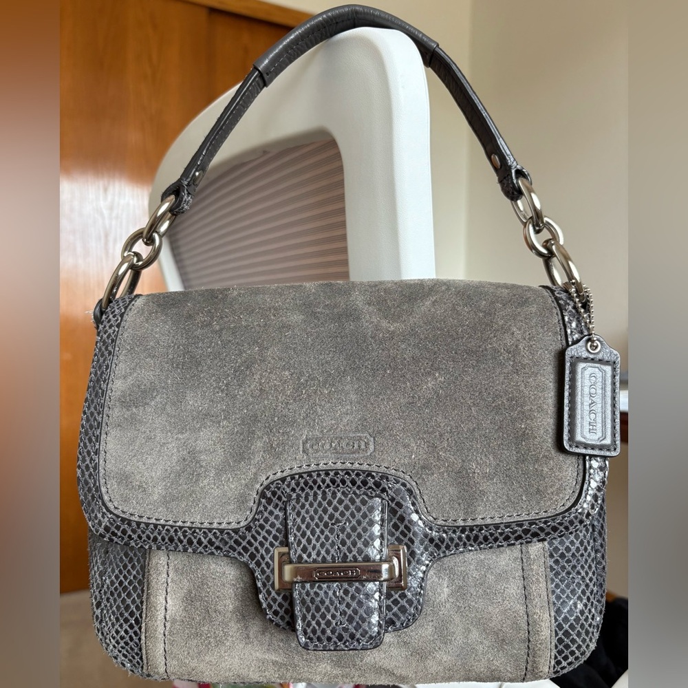Coach Gray and Silver Suede Shoulder Bag with Crossbody Strap